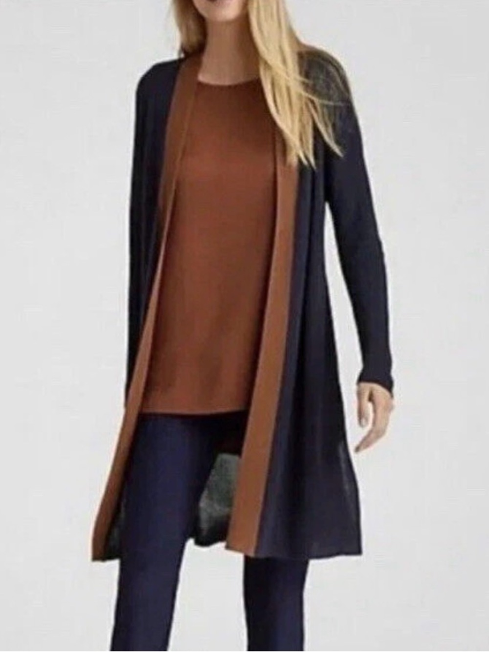 Eileen Fisher Navy Blue Open Cardigan with Brown Trim